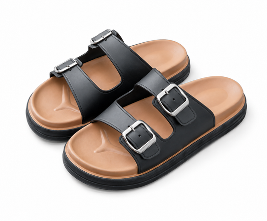 Two Strap Comfort Slide Sandals – Double Buckle Footbed Sandals