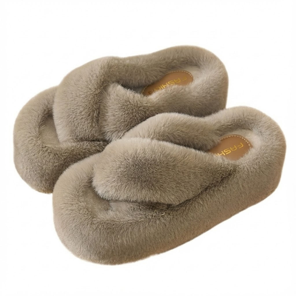 Women Platform Fuzzy Slippers 2.5" Chunky Furry Slides Cross Band Comfy Sandals