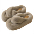 Women Platform Fuzzy Slippers 2.5" Chunky Furry Slides Cross Band Comfy Sandals