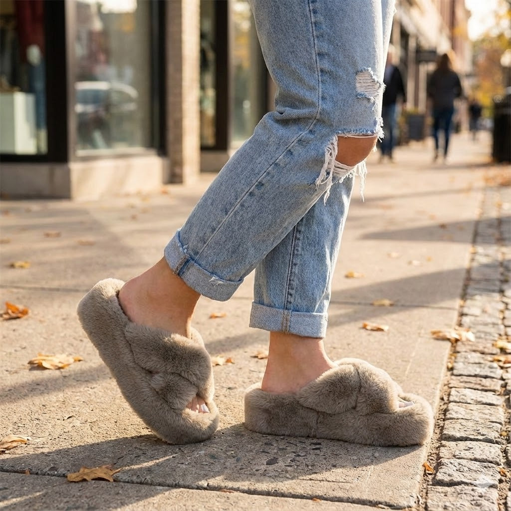 Women Platform Fuzzy Slippers 2.5" Chunky Furry Slides Cross Band Comfy Sandals