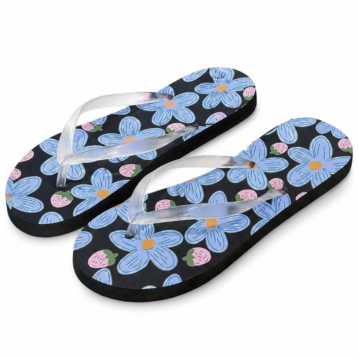 Blue Floral & Strawberry Flip Flops – Women’s Summer Sandals