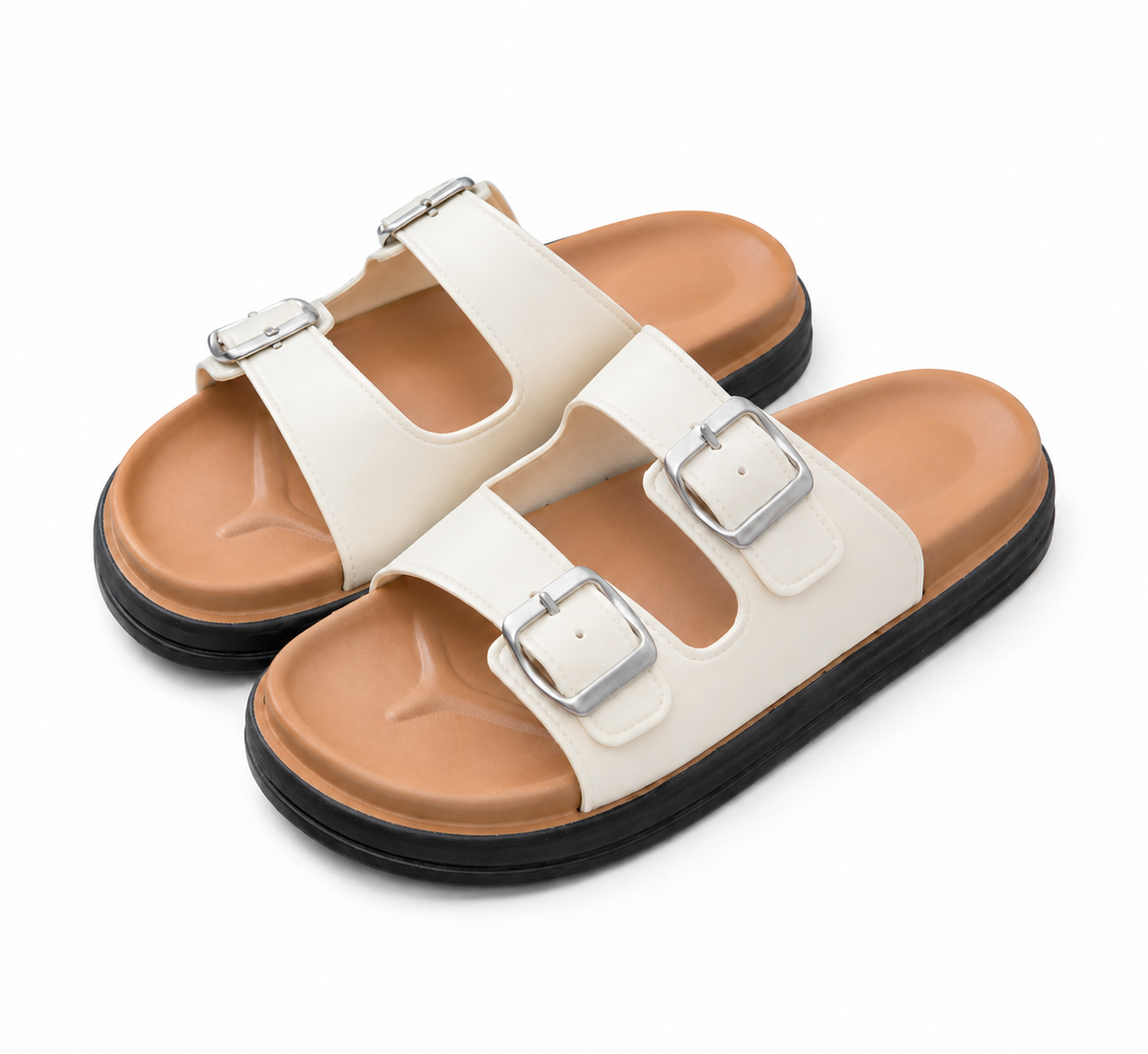 Two Strap Comfort Slide Sandals – Double Buckle Footbed Sandals