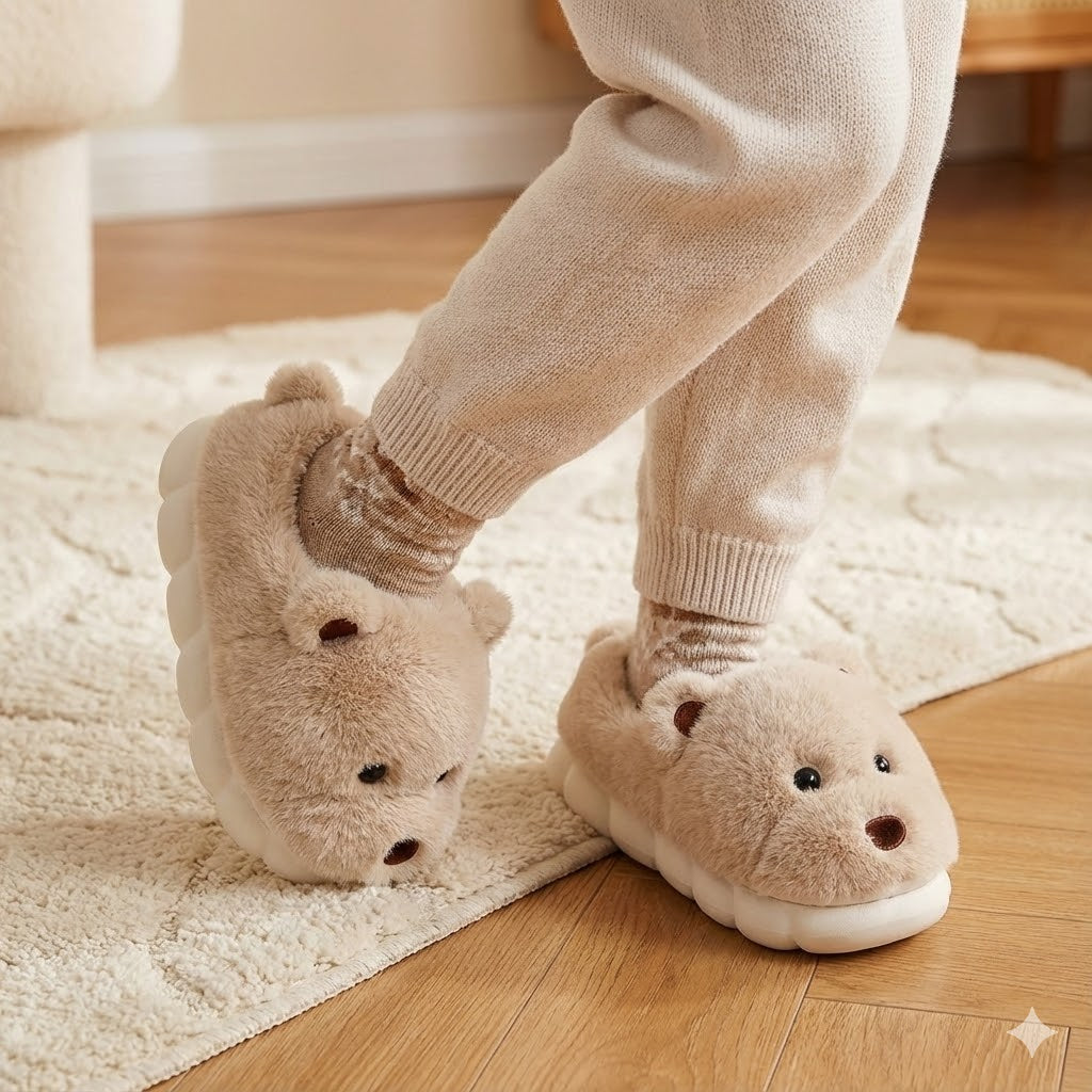 Cute Bear Plush House Slippers – Cozy Fuzzy Indoor Shoes