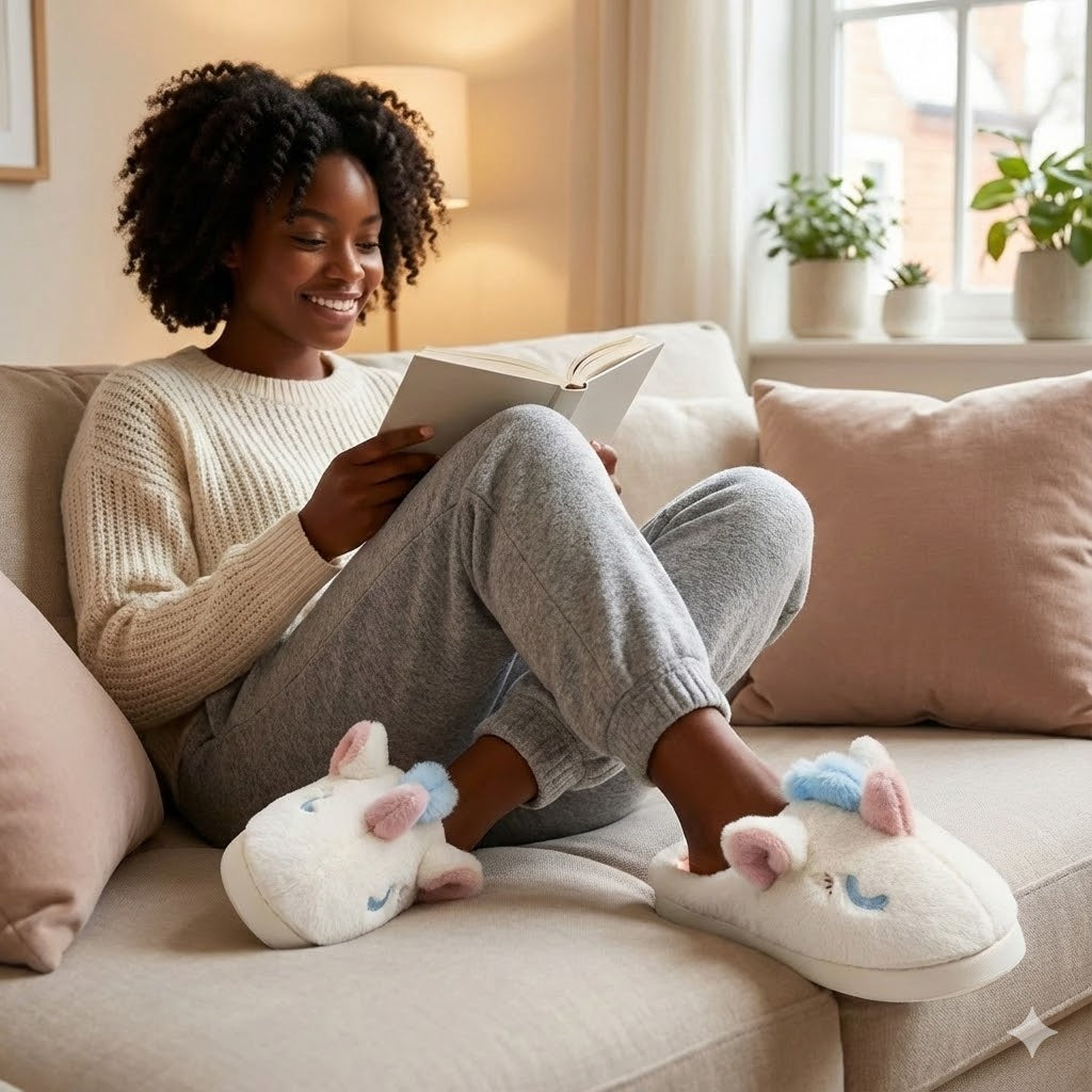 Cute Unicorn Plush Slippers – Cozy Fuzzy House Shoes for Women & Girls